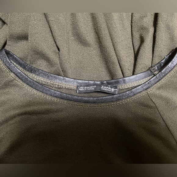 Zara womens M long sleeve Tunic Top faux leather trim on neck Army Green - Picture 3 of 6